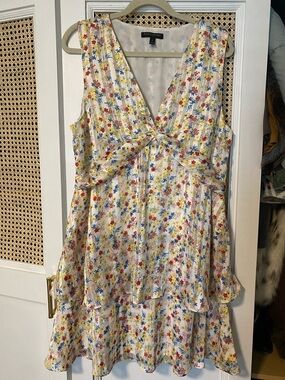 Knot-Front Floral Mini Dress in Cream with Multi-Color Print